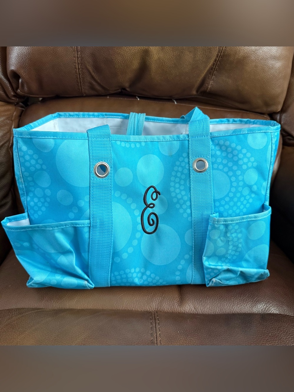 Thirty-One Turquoise-Blue Subtle Deco Print Tote Bag w/ Utility Pockets